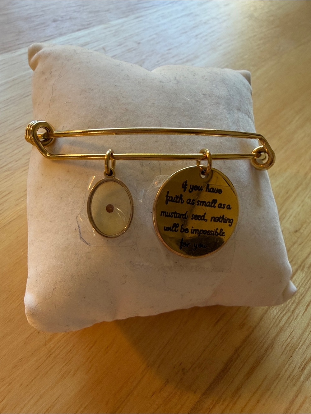 Gold Faith Charm Bangle Bracelet with Mustard Seed Accent